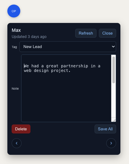 a small view of the chrome extension of my linkedin DM tracking web application