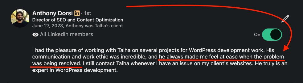 client testimonial from talha where his client anthony dorsi who is the director of SEO and content optimization saying talha always made him feel at ease when the problem was being resolved.