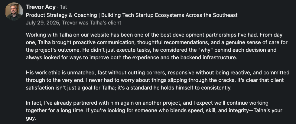 a brief testimonial from my client