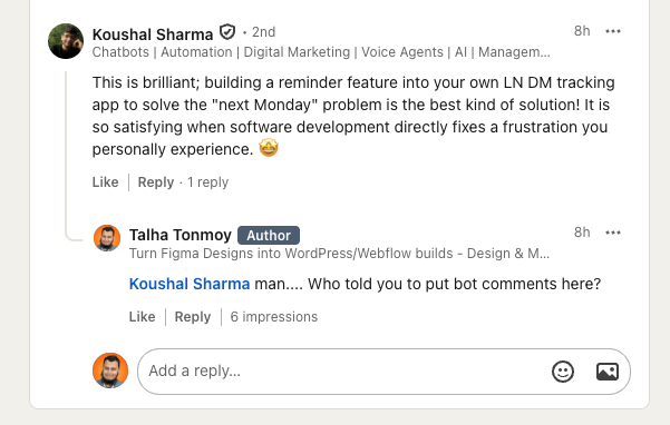 A second degree linkedin connection put a bot comment that is AI comment on my yesterdays posts which is annoying to me...

this picture is showing the proof how he spit the AI garbage comment totally irrelevant